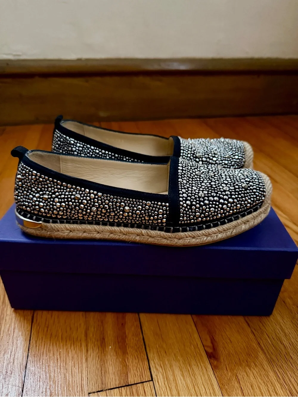 Stuart Weitzman Navy Crystal-Embellished Espadrille Flats